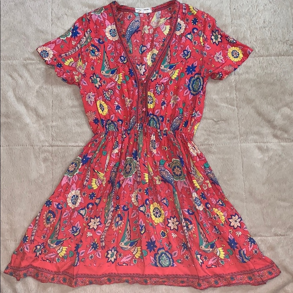 Free People Red Floral Boho Short Sleeve V-Neck Dress